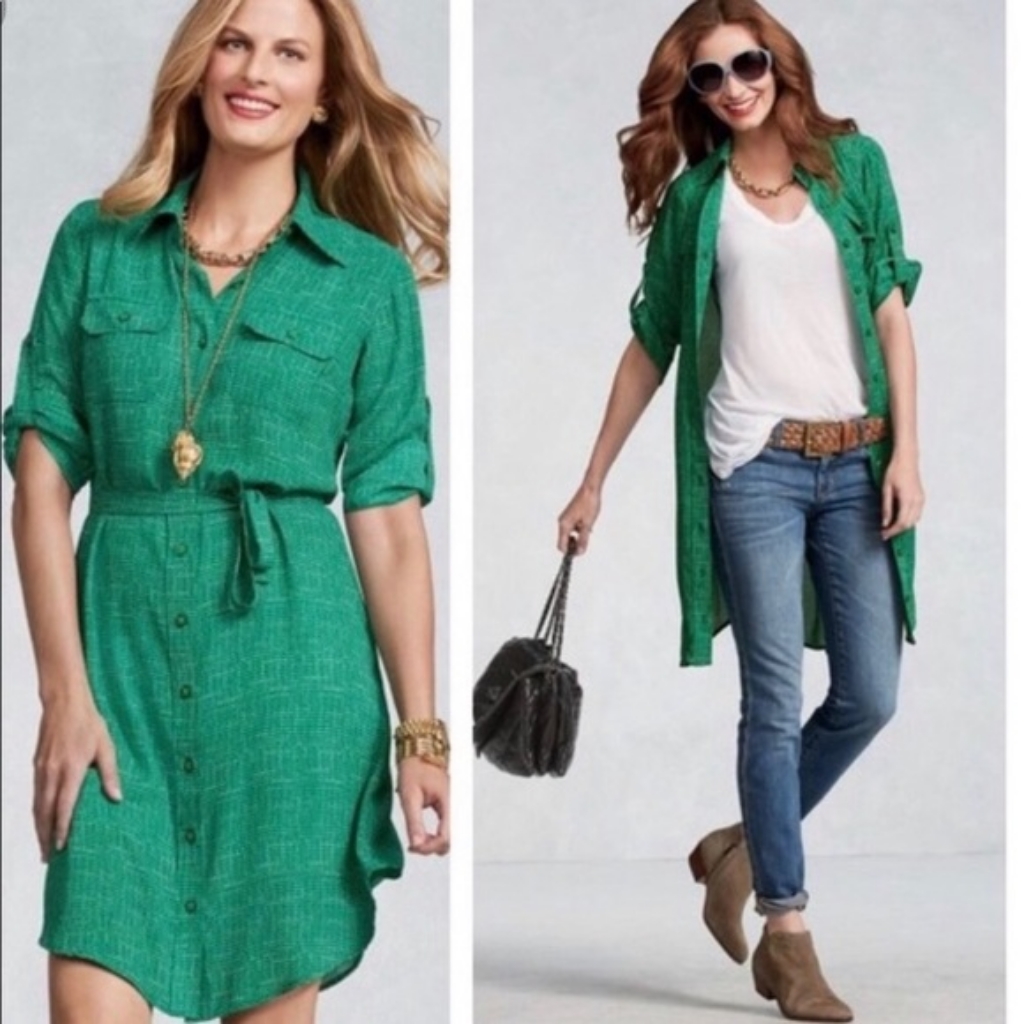 Cabi Emerald Green  White Travel Shirt Dress Size Small